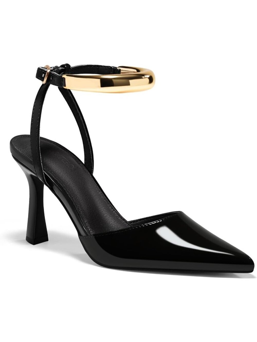 Women's Black Strappy High Heel Closed Pointed Toe Pumps Ankle Strap Metal Shoes